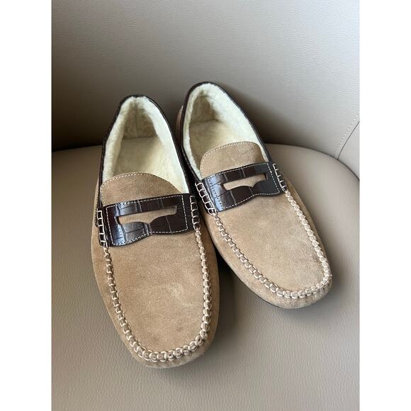 Cole Haan Loafers Mens 10 Sheep Fur Line Shoes Slippers Tan Suede Leather Brown main image 4